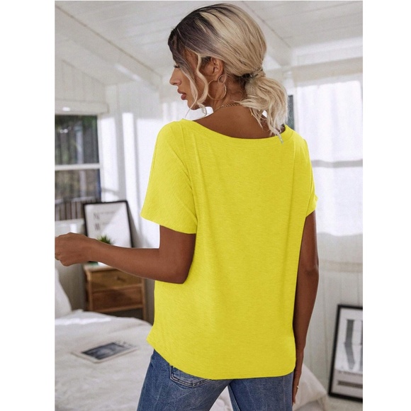 Boat Neck Batwing Sleeve Yellow Tee Shirt Short Sleeve - Picture 4 of 9